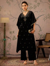 Women Black Velvet Front Embroidered Kaftan Kurta-SHKUR00467