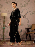 Women Black Velvet Front Embroidered Kaftan Kurta-SHKUR00467