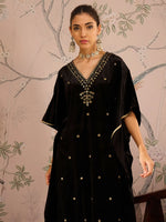 Women Black Velvet Front Embroidered Kaftan Kurta-SHKUR00467