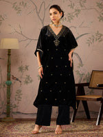 Women Black Velvet Embroidered Kaftan Kurta With Straight Pants-SHKUR00467_SHPANT50948