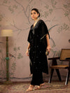 Women Black Velvet Embroidered Kaftan Kurta With Straight Pants-SHKUR00467_SHPANT50948