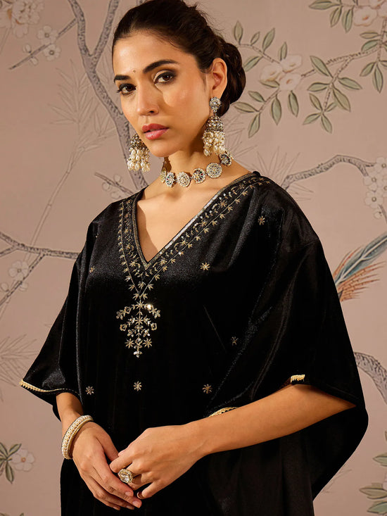 Women Black Velvet Embroidered Kaftan Kurta With Straight Pants-SHKUR00467_SHPANT50948