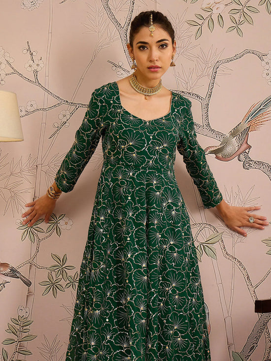 Women Emerald Green Sequins Sweetheart Neck Kurta-SHKUR00469