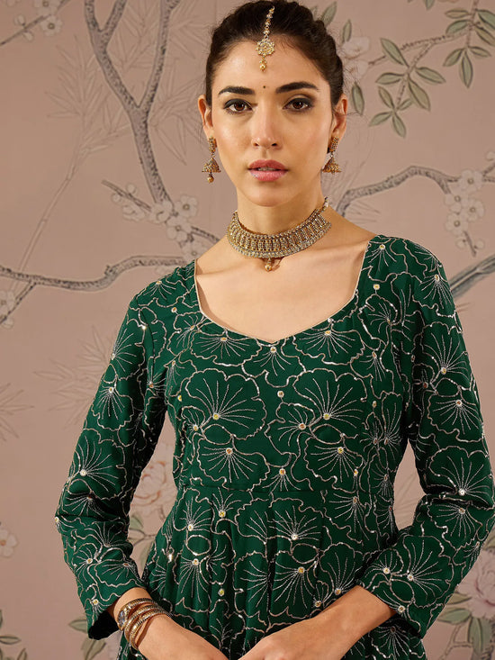 Women Emerald Green Sequins Sweetheart Neck Kurta-SHKUR00469