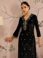 Women Black Velvet V-Neck Embroidered Straight Kurta-SHKUR00470