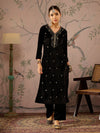 Women Black Velvet V-Neck Embroidered Straight Kurta-SHKUR00470