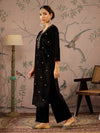 Women Black Velvet V-Neck Embroidered Straight Kurta-SHKUR00470