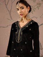 Women Black Velvet V-Neck Embroidered Straight Kurta-SHKUR00470