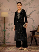 Women Black V Neck Embroidered Kurta With Straight Pants-SHKUR00470_SHPANT50948