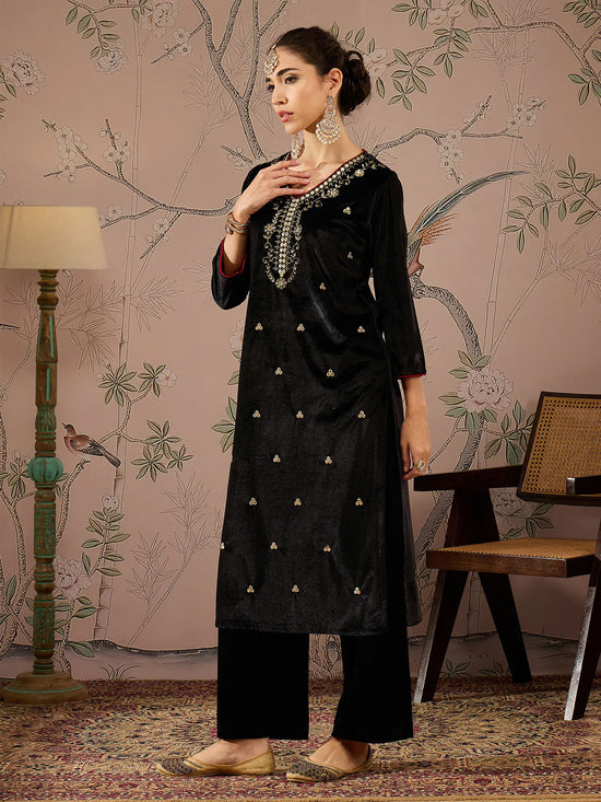 Women Black V Neck Embroidered Kurta With Straight Pants-SHKUR00470_SHPANT50948