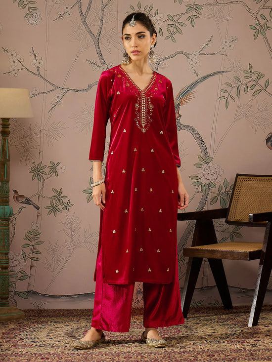 Women Red Velvet V-Neck Embroidered Straight Kurta-SHKUR00471