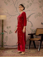 Women Red Velvet V-Neck Embroidered Straight Kurta-SHKUR00471