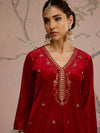 Women Red Velvet V-Neck Embroidered Straight Kurta-SHKUR00471