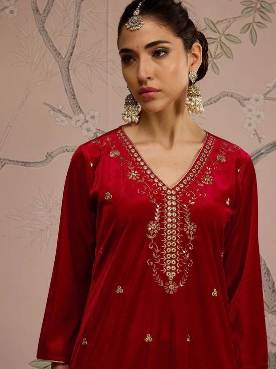 Women Red Velvet V-Neck Embroidered Straight Kurta-SHKUR00471