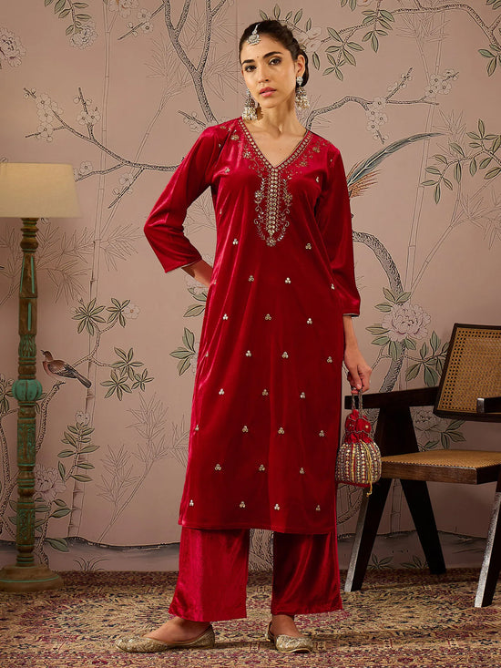 Women Red Velvet V Neck Embroidered Kurta With Straight Pants-SHKUR00471_SHPANT50947