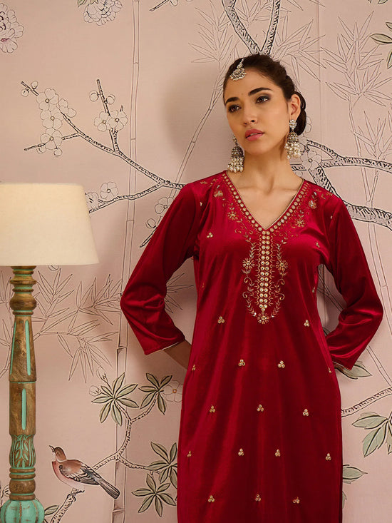 Women Red Velvet V Neck Embroidered Kurta With Straight Pants-SHKUR00471_SHPANT50947