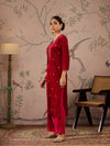 Women Red Velvet V Neck Embroidered Kurta With Straight Pants-SHKUR00471_SHPANT50947