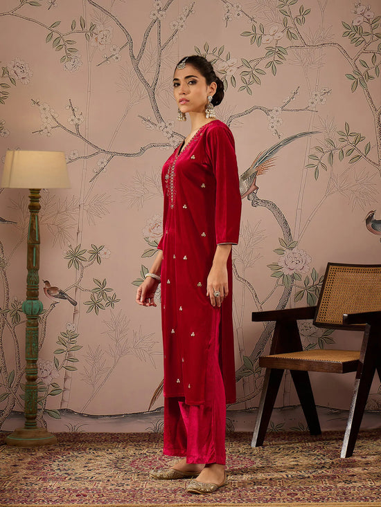 Women Red Velvet V Neck Embroidered Kurta With Straight Pants-SHKUR00471_SHPANT50947