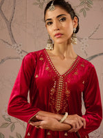 Women Red Velvet V Neck Embroidered Kurta With Straight Pants-SHKUR00471_SHPANT50947