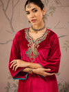 Women Red Velvet Embroidered Straight Kurta-SHKUR00472