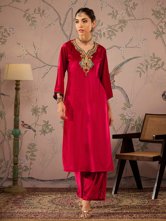 Women Red Velvet Embroidered Straight Kurta-SHKUR00472