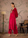 Women Red Velvet Embroidered Straight Kurta-SHKUR00472