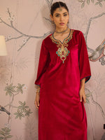 Women Red Velvet Embroidered Straight Kurta-SHKUR00472