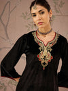 Women Black Velvet Embroidered Straight Kurta-SHKUR00473