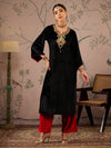 Women Black Velvet Embroidered Straight Kurta-SHKUR00473