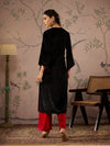 Women Black Velvet Embroidered Straight Kurta-SHKUR00473