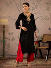 Women Black Velvet Embroidered Straight Kurta-SHKUR00473