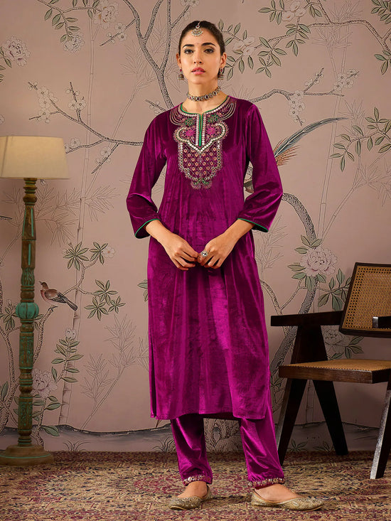 Women Fuchsia Velvet Front Embroidered Straight Kurta-SHKUR00474