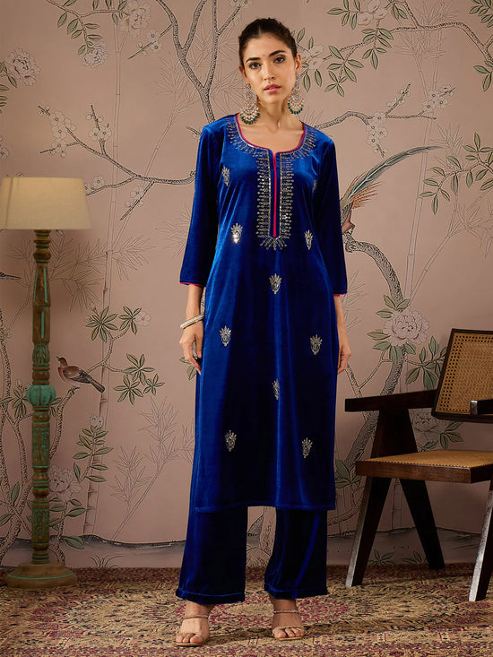 Women Royal Blue Velvet All Over Embroidered Straight Kurta-SHKUR00478