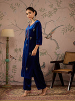 Women Royal Blue Velvet All Over Embroidered Straight Kurta-SHKUR00478