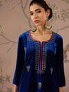 Women Royal Blue Velvet All Over Embroidered Straight Kurta-SHKUR00478