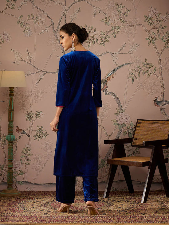 Women Royal Blue Velvet All Over Embroidered Straight Kurta-SHKUR00478