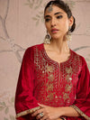 Women Red Velvet Round Neck Embroidered Straight Kurta-SHKUR00481