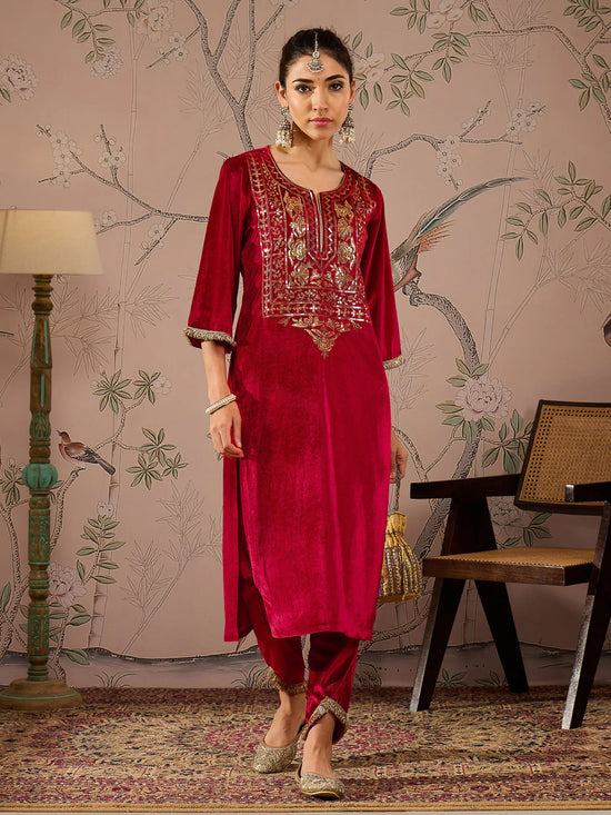 Women Red Velvet Round Neck Embroidered Straight Kurta-SHKUR00481