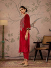 Women Red Velvet Round Neck Embroidered Straight Kurta-SHKUR00481