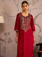 Women Red Velvet Round Neck Embroidered Straight Kurta-SHKUR00481