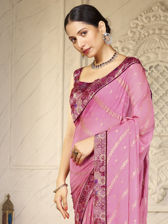 Saree Mall Women's Chiffon Pink Embellished Designer Saree With Blouse Piece-SHNAYA1005