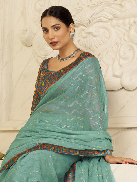 Saree Mall Women's Chiffon Turquoise Embellished Designer Saree With Blouse Piece-SHNAYA1007