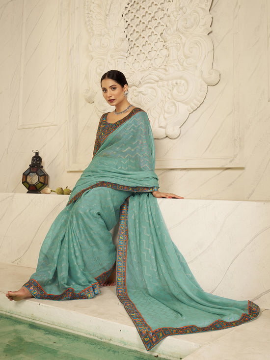 Saree Mall Women's Chiffon Turquoise Embellished Designer Saree With Blouse Piece-SHNAYA1007