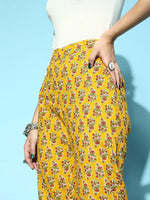 Women Mustard Booti Floral Pencil Pants