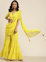 Women Lime Green Tiered Palazzo With Attached Pallu