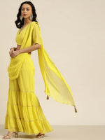 Women Lime Green Tiered Palazzo With Attached Pallu