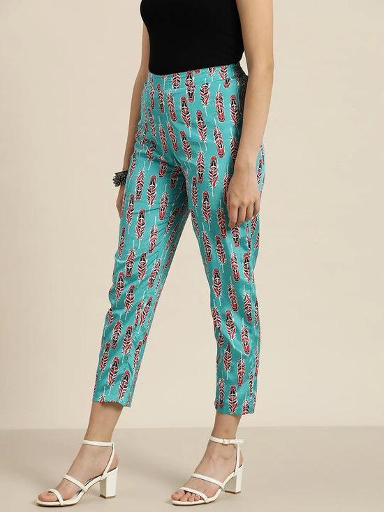 Women Blue Feather Print Pencil Pants