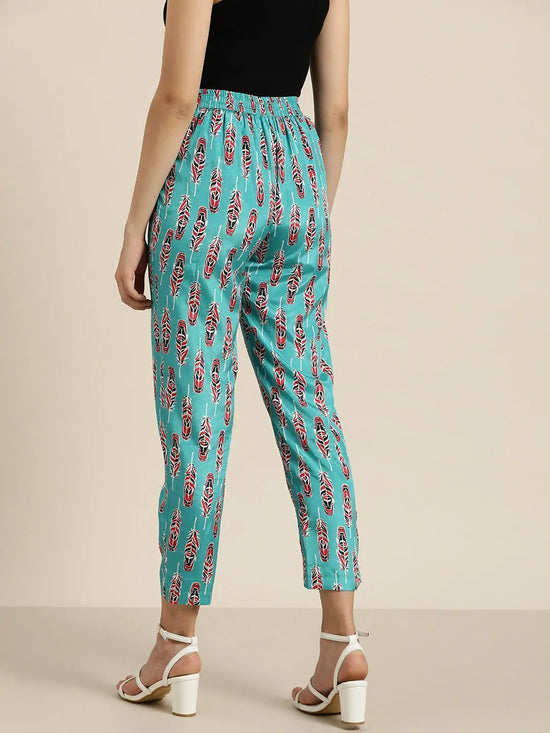 Women Blue Feather Print Pencil Pants