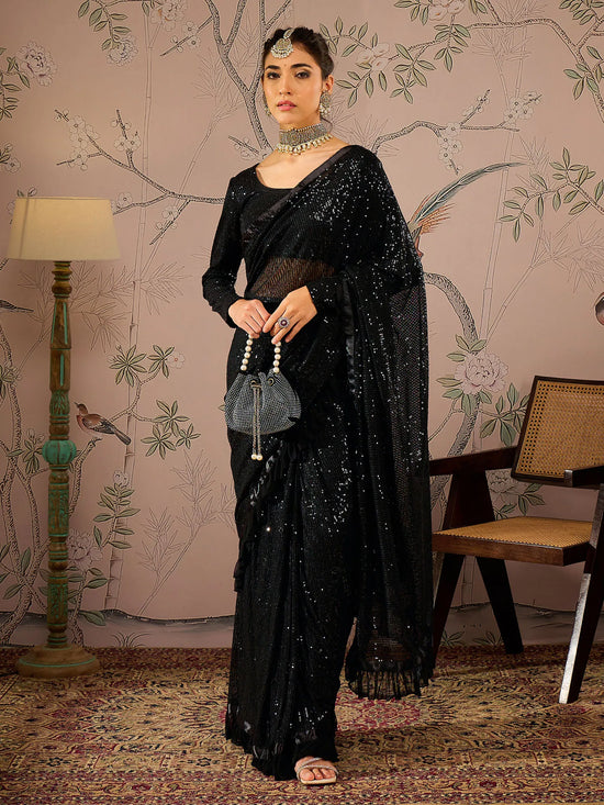 Women Black Sequins RTW Draped Saree With Unstitched Blouse-SHSAR19045