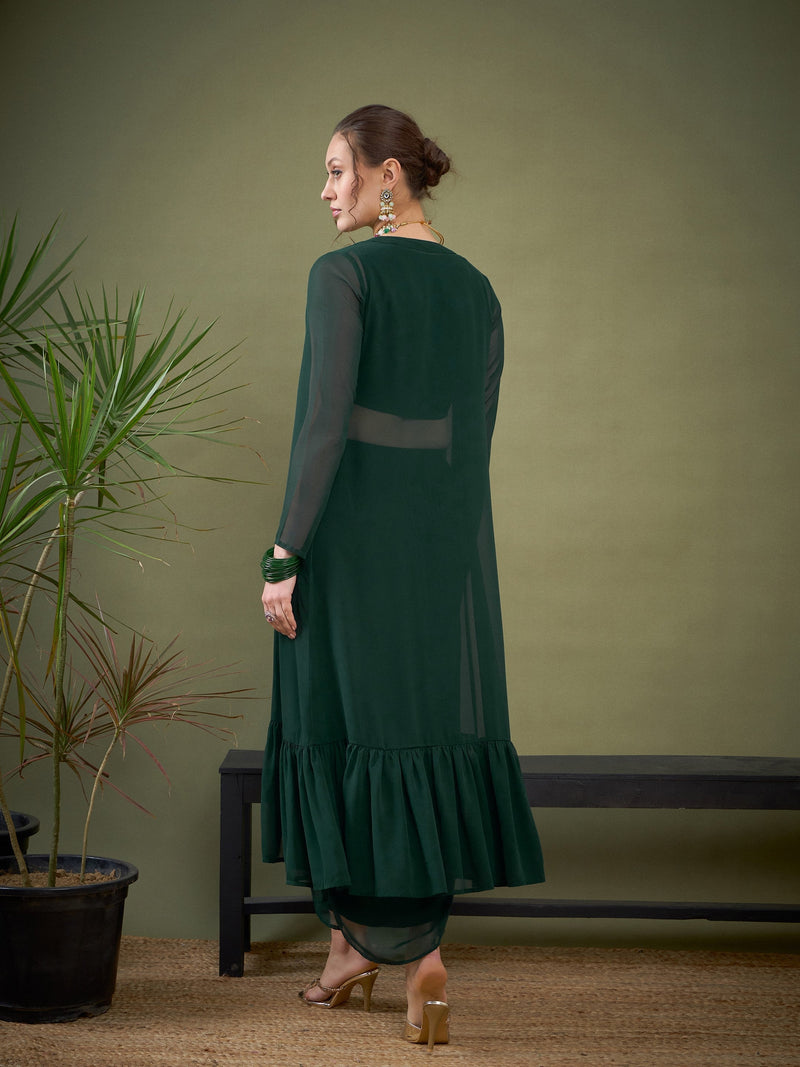 Women Emerald Green Crop Top With Dhoti Skirt & Shrug